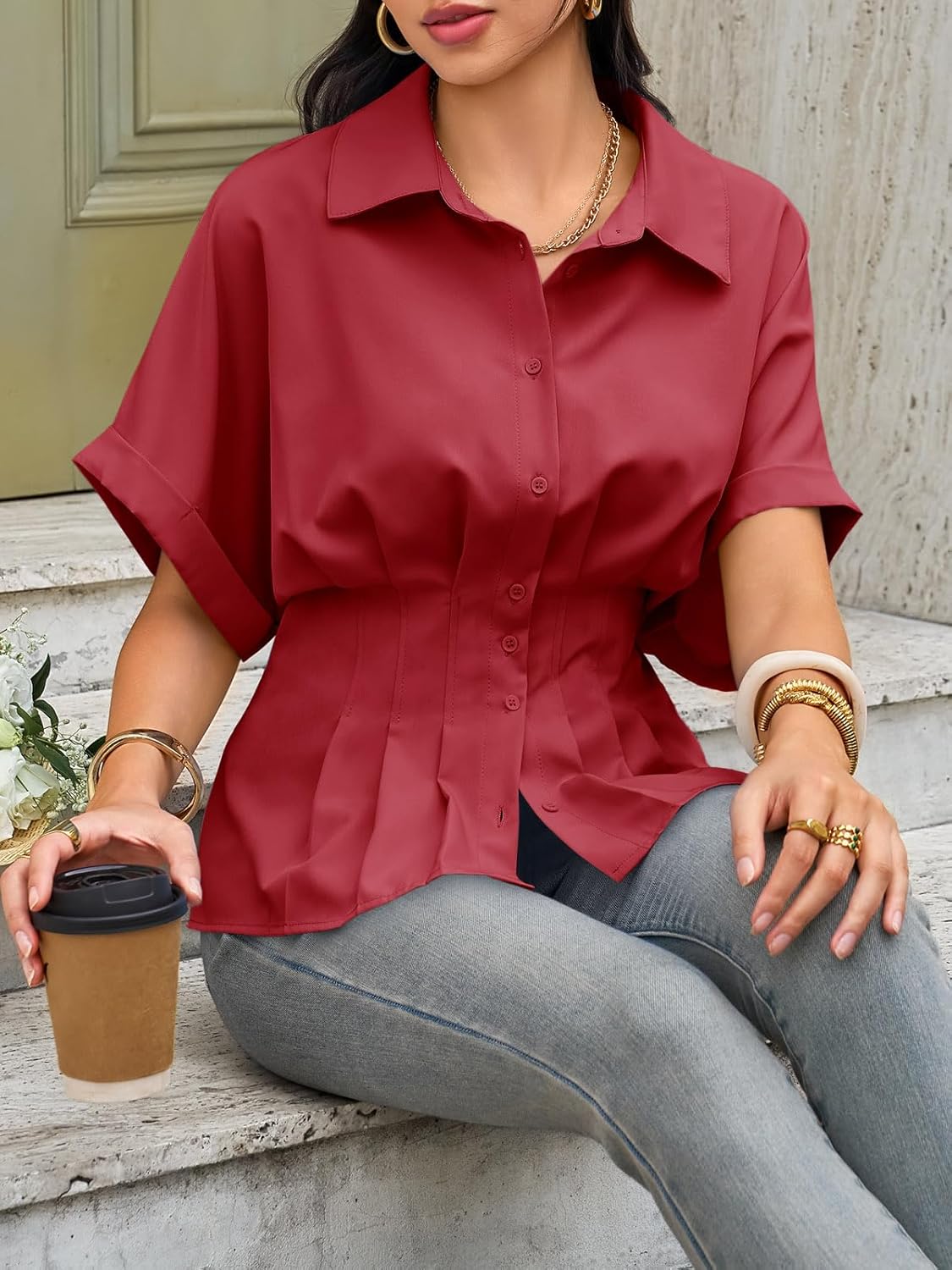 Cicy Bell Womens Pleated Button Down Blouse Summer Cuffed Short Sleeve Peplum Tops Casual Dressy Fitted Waist Shirts - Image 5