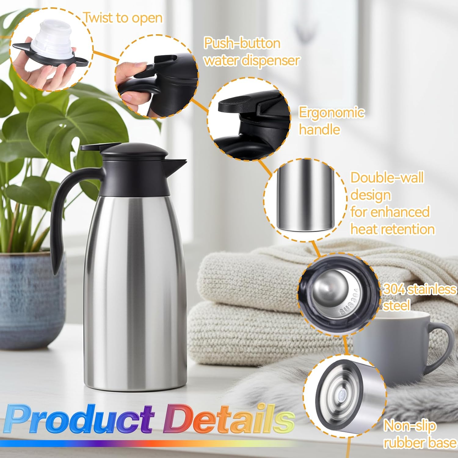 2 Pcs 68 OZ Thermal Coffee-Carafe Double Walled Vacuum Insulated Stainless Steel-Carafe Stainless Steel Coffees-Carafes with brushes for Keeping Hot Coffee-Tea Home and Office(Silver)