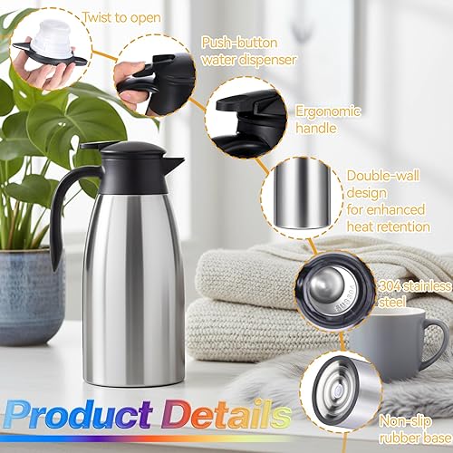 Miniatura 3 de 2 jarras térmicas de 68 onzas de acero inoxidable con aislamiento al vacío de doble pared de acero inoxidable con cepillos para mantener el café