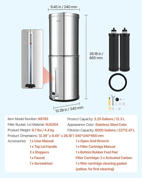 VEVOR Gravity Powered Water Filtration System, 3g 304 Stainless Steel, Reduces Lead and Up to 99% Chlorine, with 2 Carbon Filters, Water Level Tap for Home and