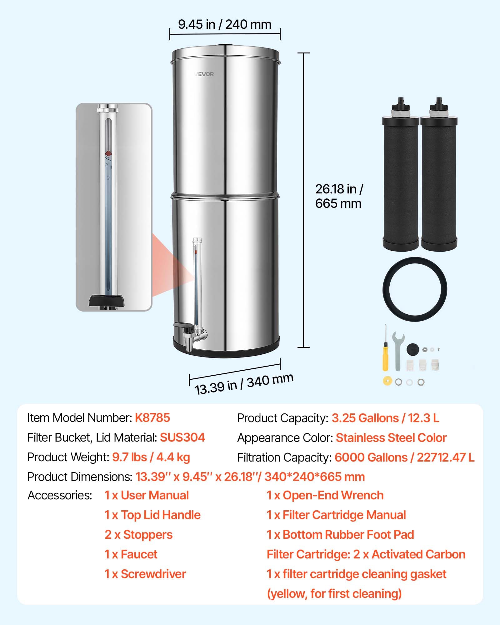 VEVOR Système de Filtration d'Eau par Gravité 12,3 L Filtre à Gravité Inox, Pour Camping, Fontaine Filtrante Réduction du Plomb et Jusqu'à 99% du Chlore, 2 Cartouches au Charbon Actif, Niveau d'Eau