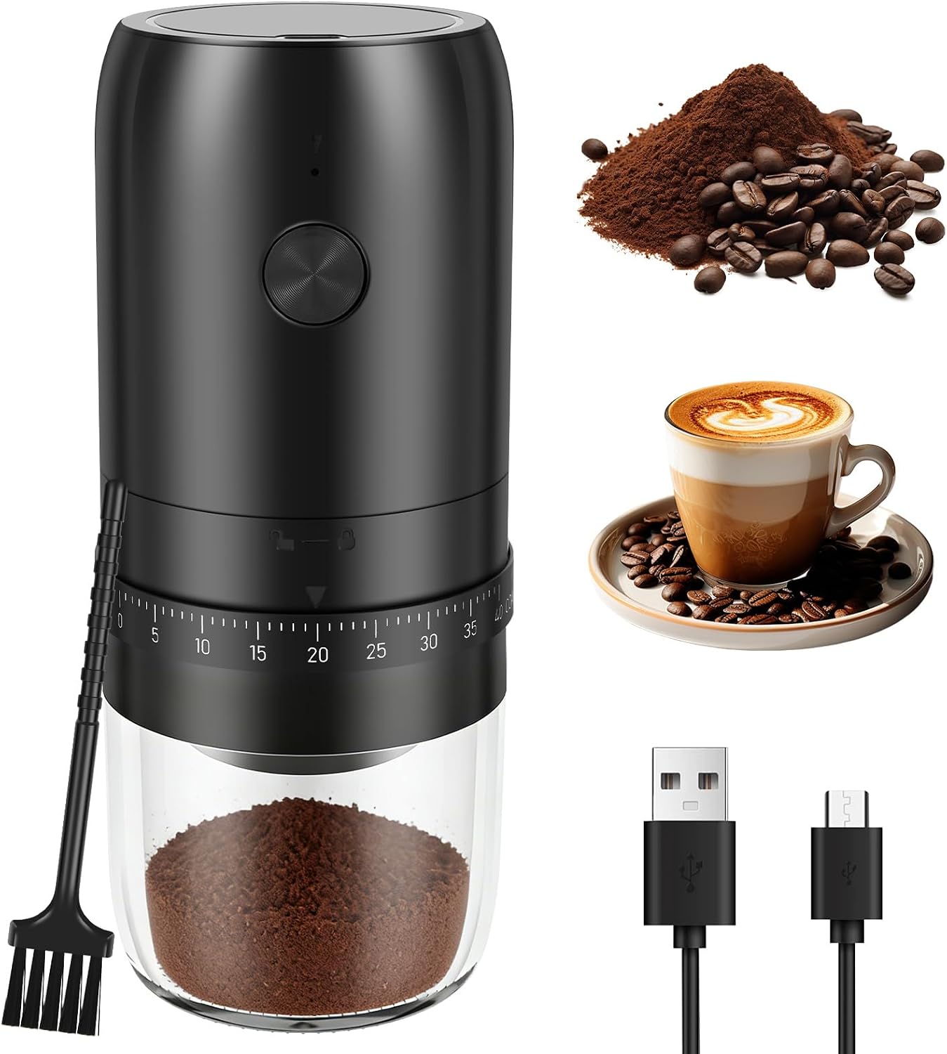 Electric Burr Coffee Bean Grinder, USB Rechargeable Cordless Mini Coffee Grinder with 40 Adjustable Setting, for Home Travel Camping and Office