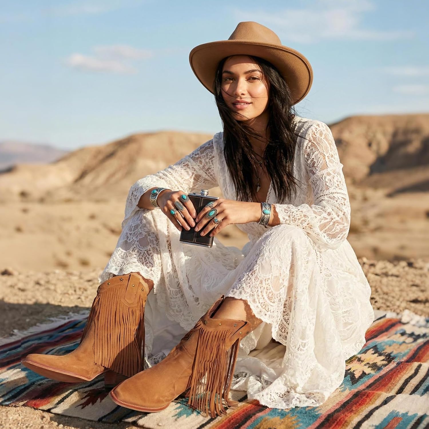 Fringe Cowboy Boots for Women – Mid Calf Cowgirl Boots with Star Studded, Pointed Toe and Chunky Heel, Perfect for Country Music Festivals