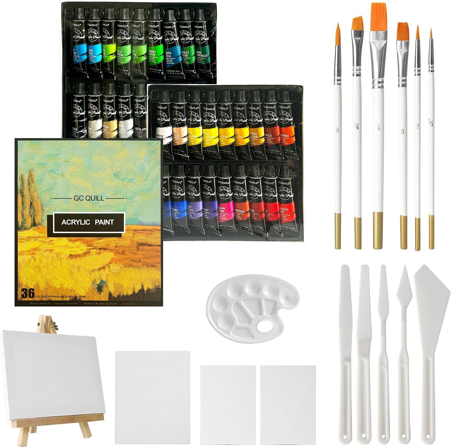 GC QUILL 54pcs Art Acrylic Paint Set - Painting Supplies with 36 * 12ml Tubes, Paint Brushes, Palette Knives, Canvas, Easel, Sponge, Palette for Artist Painting on Wood, Ceramics, Fabric, Crafts