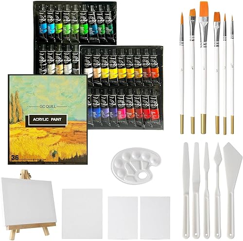 GC QUILL Juego de 36 pinturas acrílicas, 54 piezas de suministros de pintura con 36 tubos de 0.47 onzas líquidas, pinceles, cuchillos, lienzo,