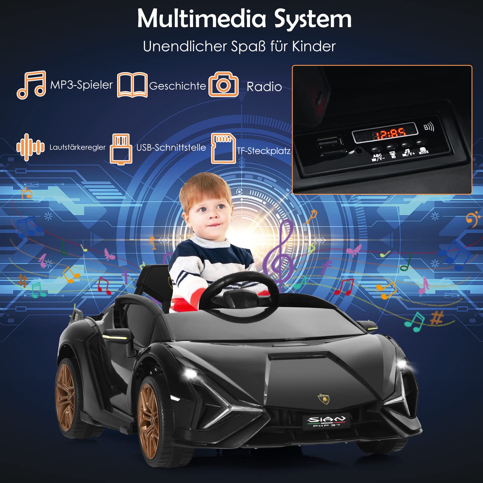 COSTWAY 12 V Lamborghini dziecięcy samochód elektryczny z pilotem zdalnego sterowania 2,4 G, samochód dziecięcy 3-5 km/h z MP3, radiem, muzyką i reflektorem LED, dla dzieci w wieku 3-6 lat (czarny)