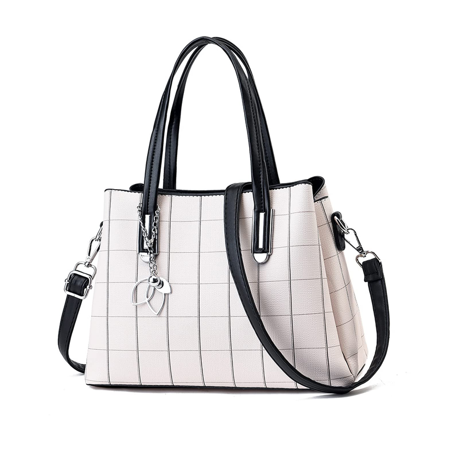 NICOLE & DORIS Bolsos Mujer Elegante Bolso Señora Tote Bolso Bandolera Cuero PU Bolso a Cuadros Clásica Bolsos de Mano Crossbody Blanco con Negro