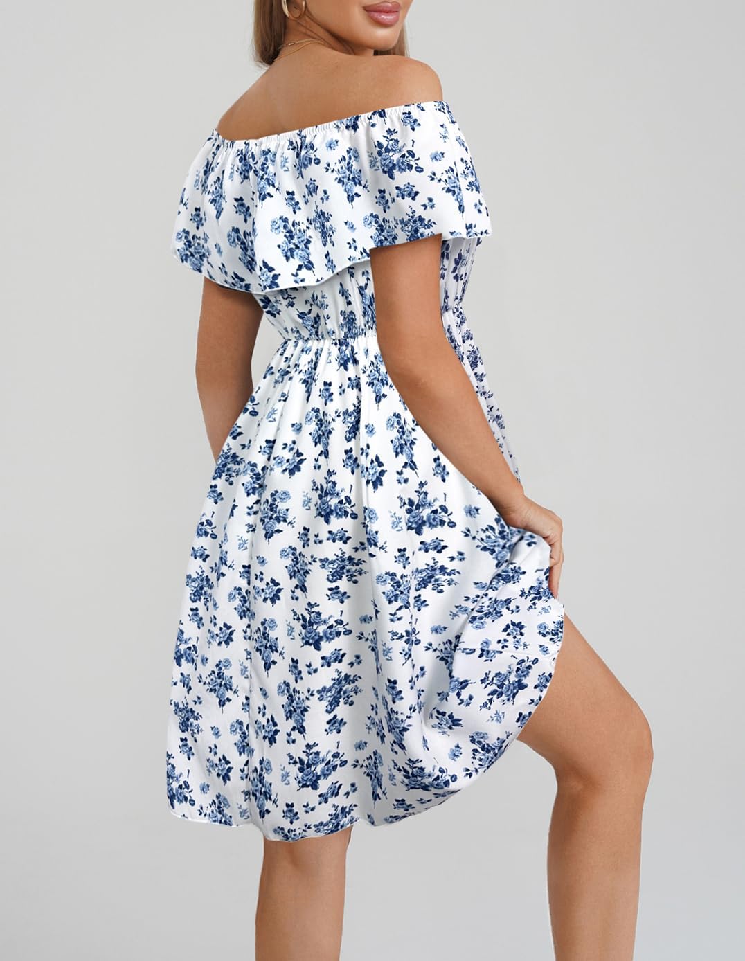 Womens Off Shoulder Ruffle Floral Wedding Guest Dresses A Line Shift Short Skater Dress - Image 2
