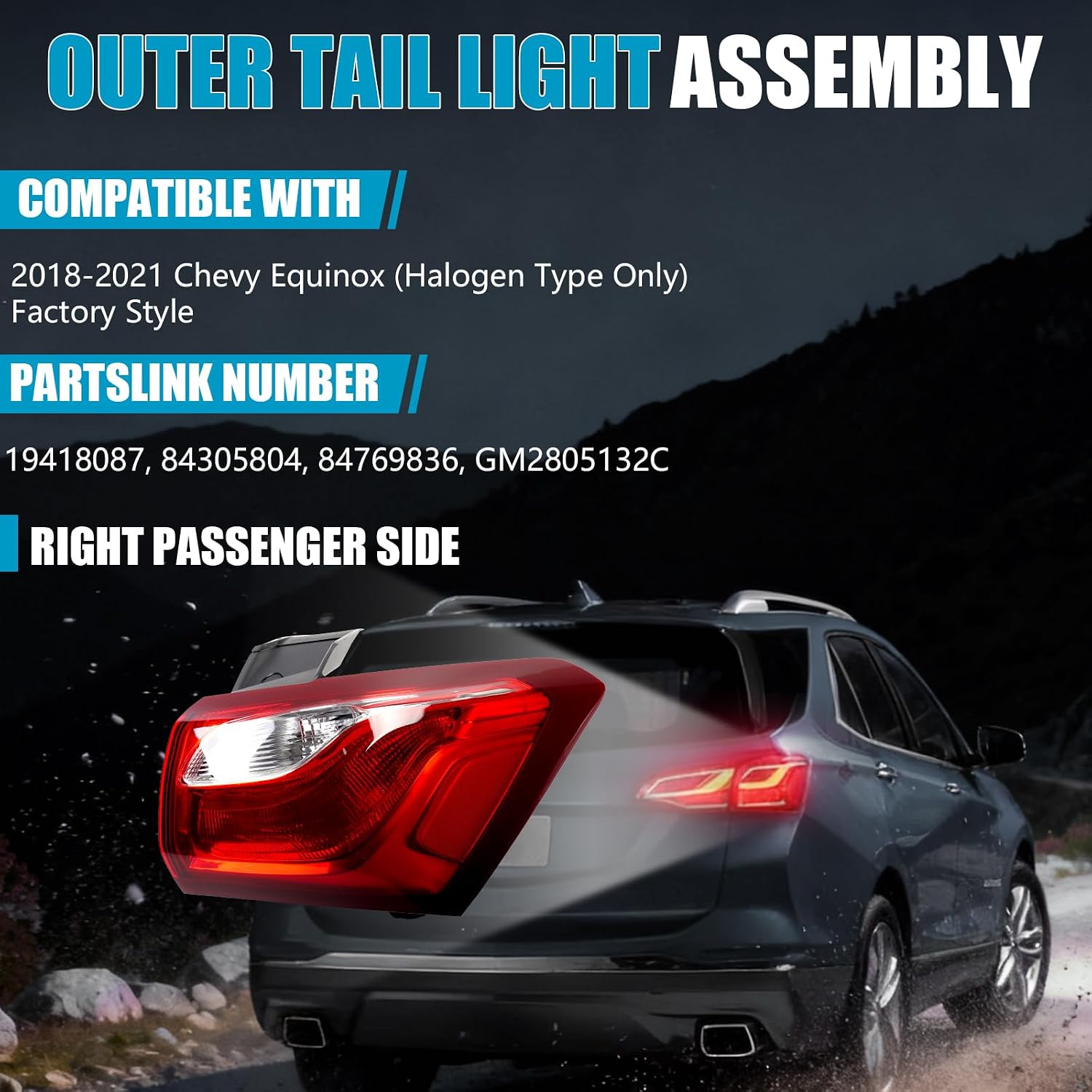Outer TailLight Assembly for 18-21 Chevy Equinox LT Halogen Right | Rear Brake Turn Signal Outer Side Tail Lamp W/ Bulbs
