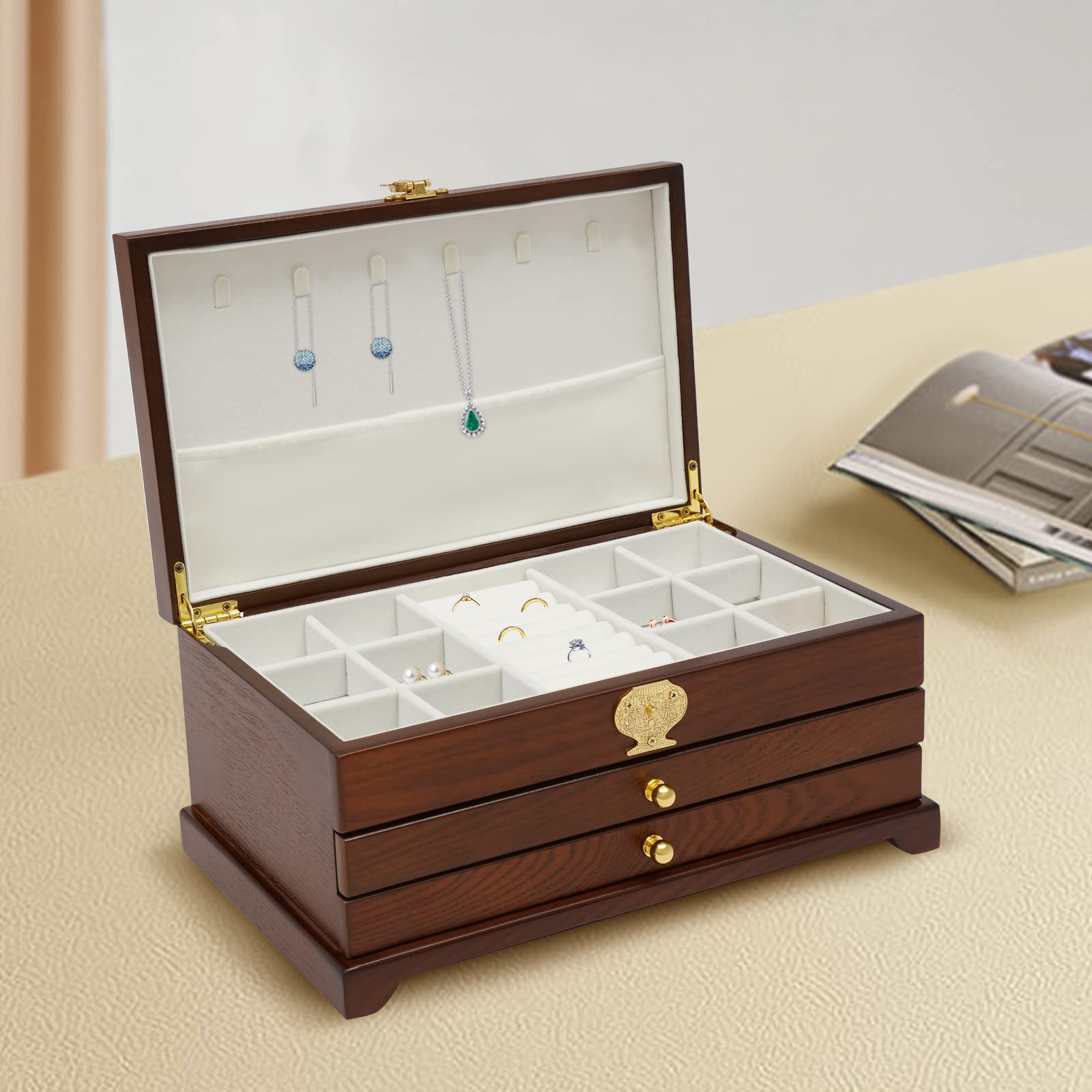 CHUOZI 3-Layer Jewelry Organizer with 2 Drawers, Box for Storage Earrings Rings Necklace Bracelet (Black Walnut)