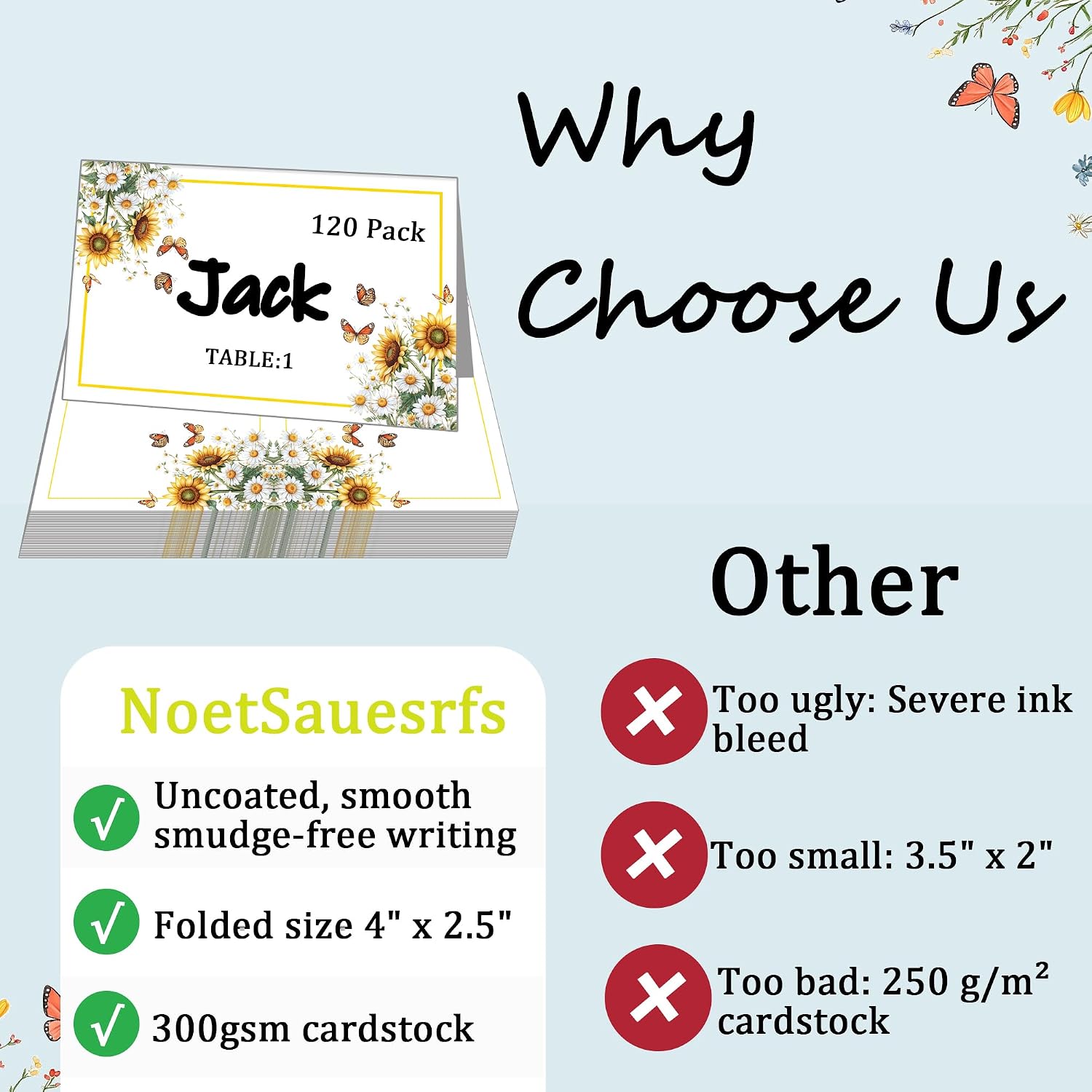 120 Pack Place Cards 4 x 2.5 Inch Table Name Cards Sunflowers Design