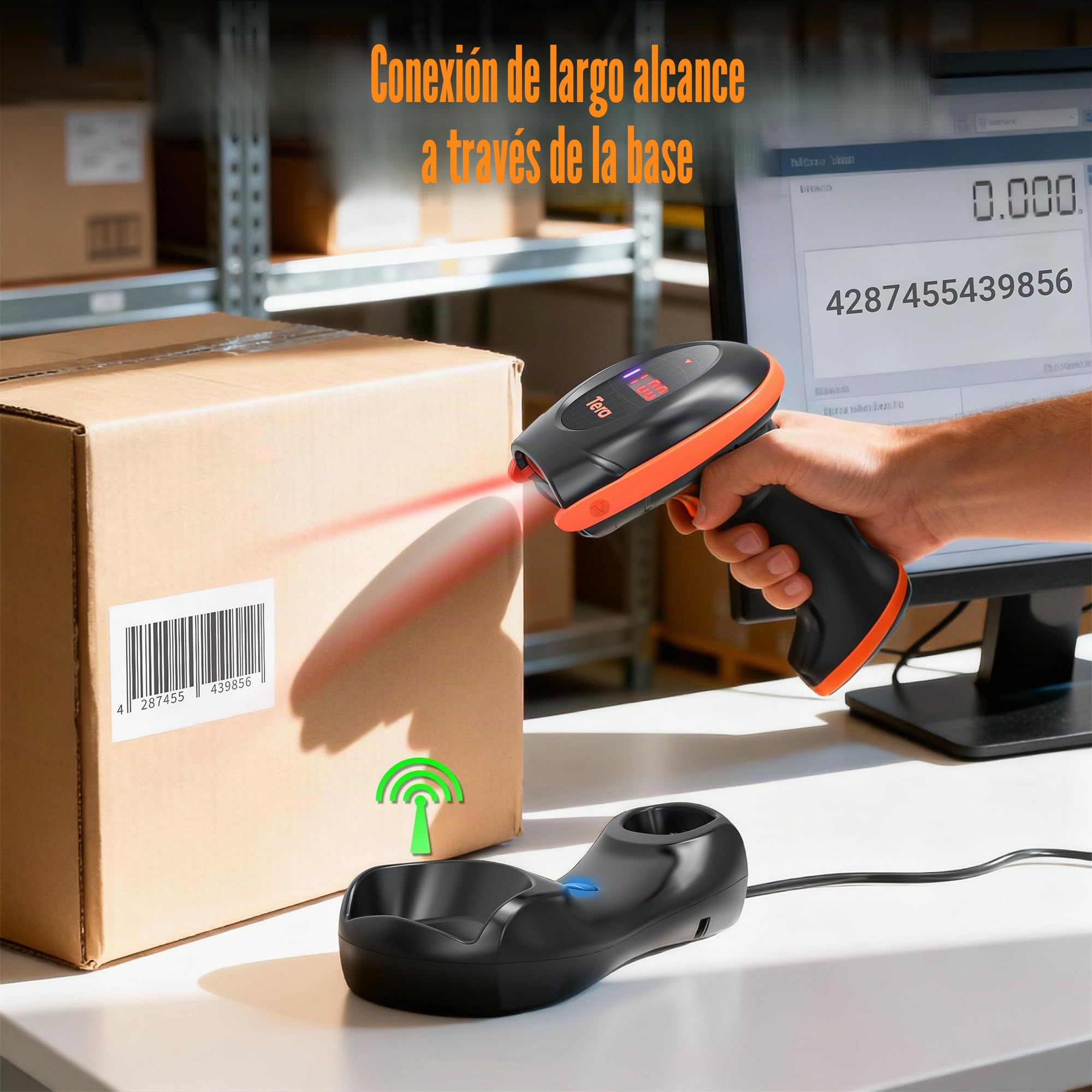 Tera Escáner de código de Barras con Sensor de Imagen de píxeles Altos 2D 1D QR Inalámbrico 2.4 GHz + Cable USB con estación de Carga y Contador Escáner de Imagen Digital HW0008