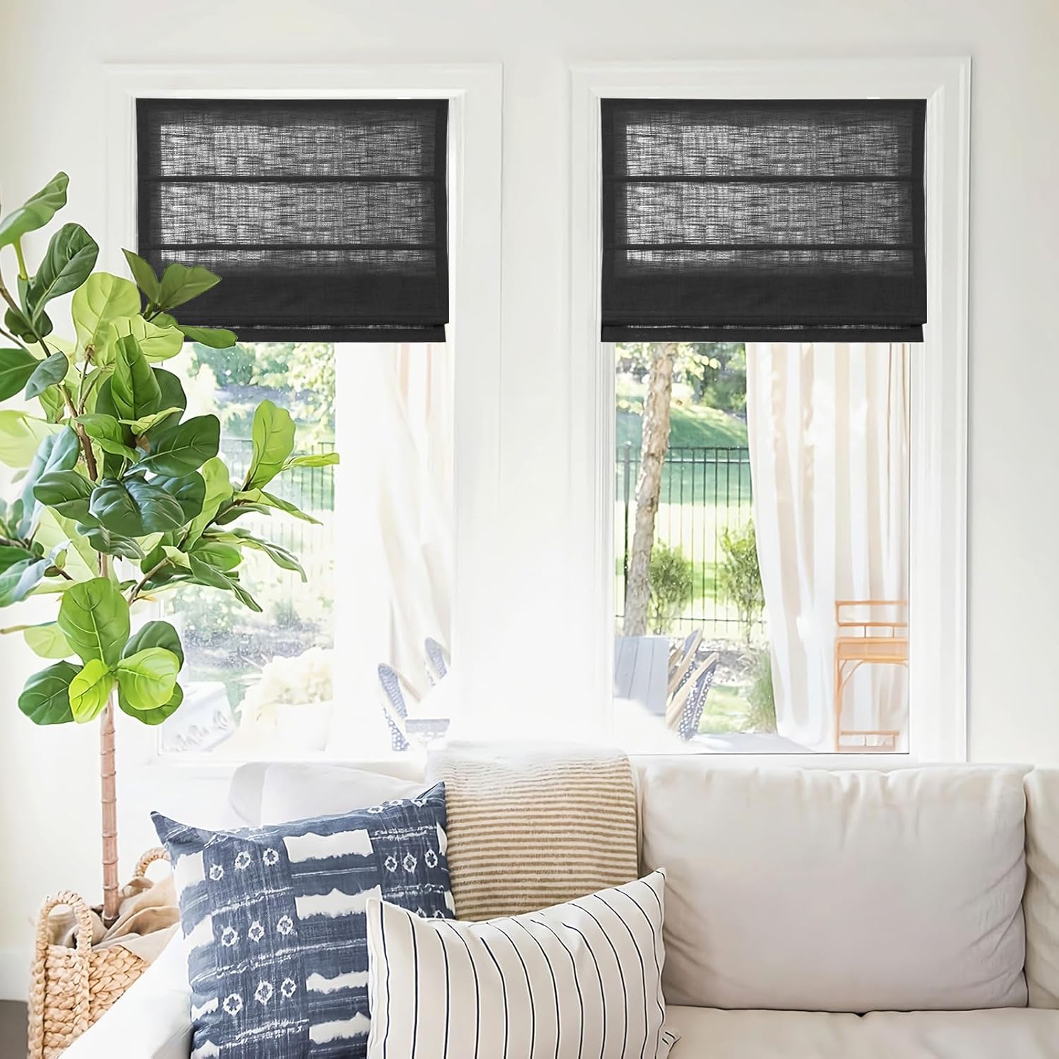 Black Privacy Roman Window Blinds for Living Room, Custom Made Linen Light Filtering/Blackout Roman Shades for Bathroom Dining Room, 1 Piece