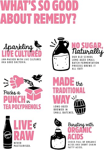 Remedy Kombucha Tea - Raspberry Lemonade - Sparkling Live Cultured, Naturally Sugar Free Soft Drink - Probiotic for Gut Health - 6 x 1L Case (Bottles)