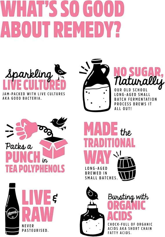 Remedy Kombucha Tea - Raspberry Lemonade - Sparkling Live Cultured, Naturally Sugar Free Soft Drink - Probiotic for Gut Health - 6 x 1L Case (Bottles)