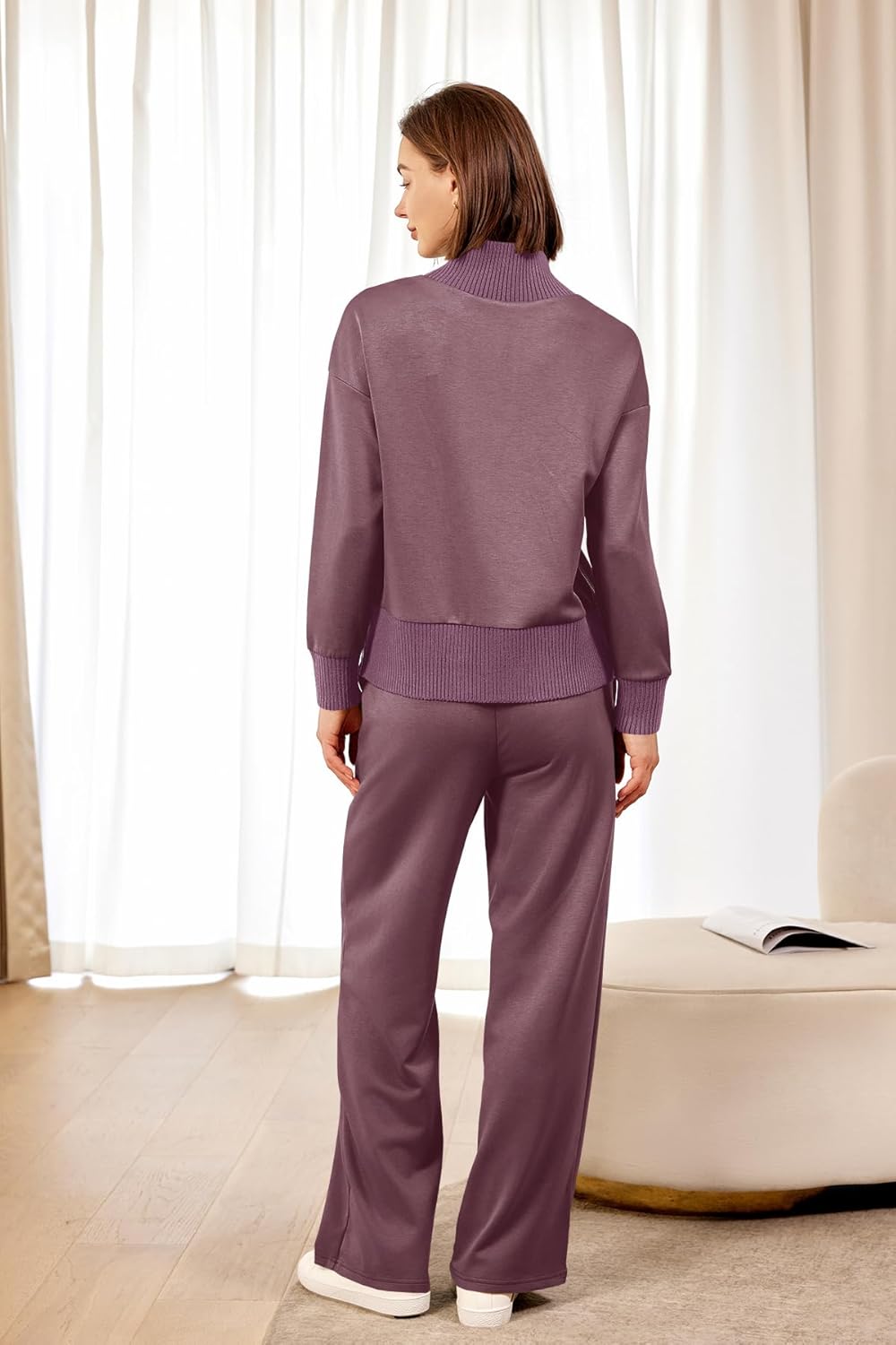 SENSERISE Womens 2 Piece Outfits Fall Matching Lounge Sets Mockneck Sweatshirt Wide Leg Pants Sweat Sets Tracksuit - Image 5