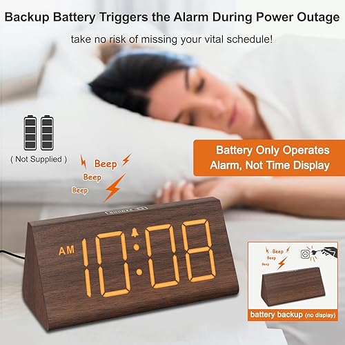 Miniatura 25 de DreamSky Wooden Digital Alarm Clocks for Bedrooms - Electric Desk Clock with Large Numbers, USB Port, Loud Alarm for Heavy Sleepers, Adjustable Blue