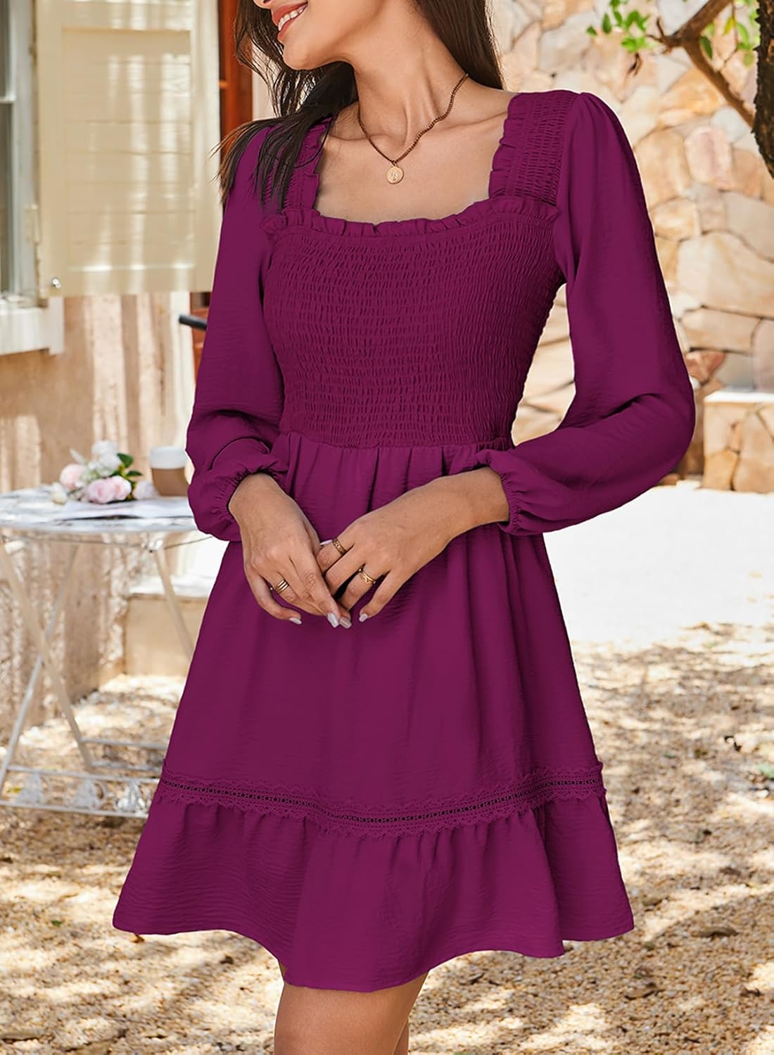 Dokotoo Women's Fall Smocked Mini Dress Square Neck Long Lanter Sleeve Casual Ruffle Swing Boho Beach Dresses Flowy Loose Babydoll Lace Dress Purple Large - Image 4