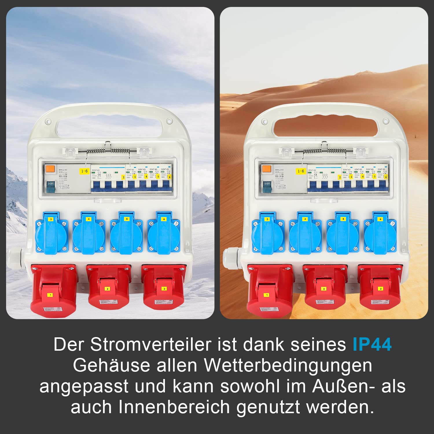 Herrselsam Baustromverteiler mit FI Schutzschalter, 1x CEE 32A + 2xCEE 400V/16A + 4x230V Schuko Steckdosen, Wandverteiler mit Leitungsschutzschalter, IP44 Wasserdicht mit Sicherheitsklappdeckeln