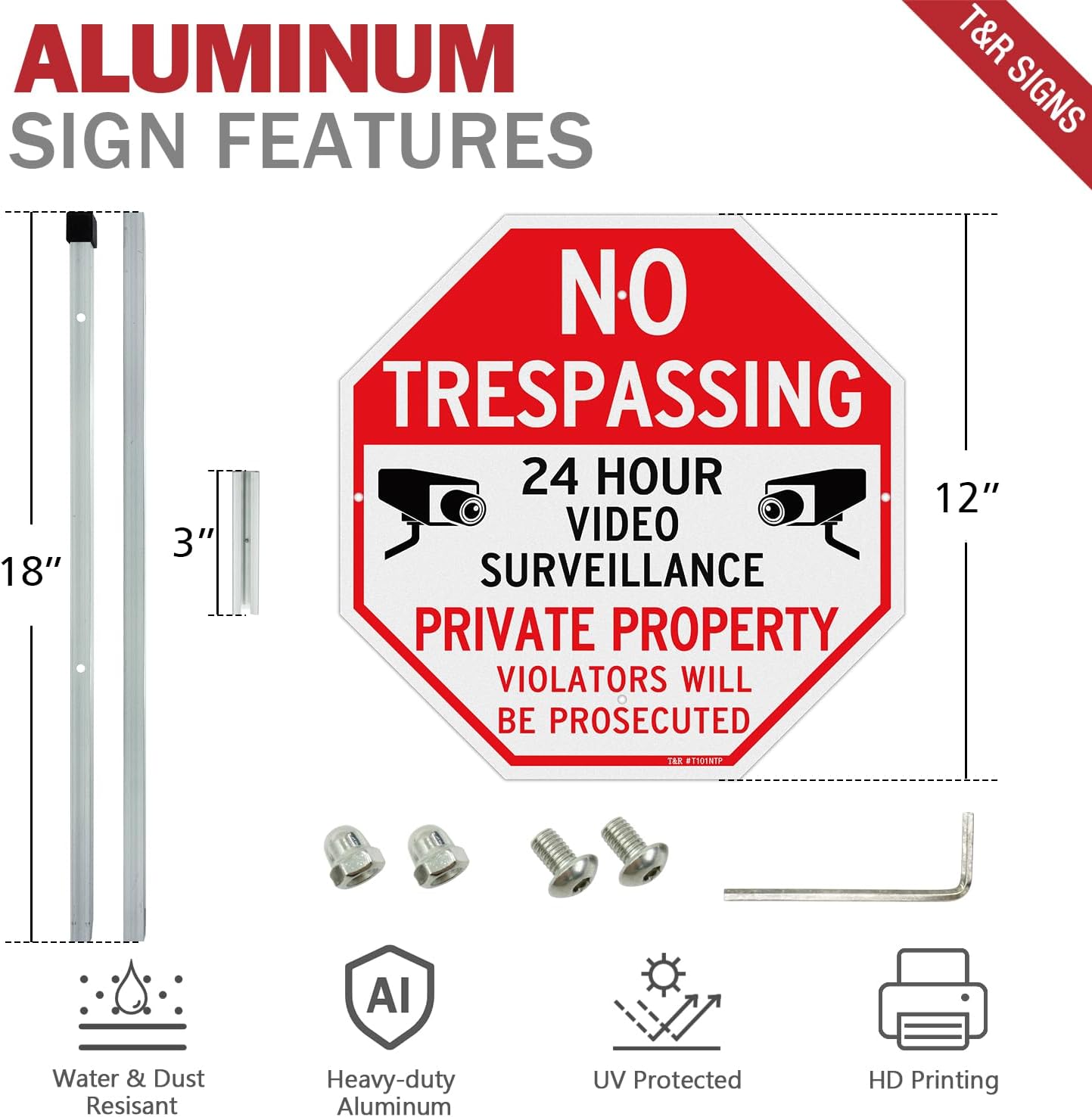 T&R Large No Trespassing Private Property Sign Video Surveillance Sign with 36" Stake for Outside - 4 Pack - 12"x12" .040 Rust Free Heavy Aluminum, Reflective, Waterproof, Weatherproof, 4 pre-drilled holes,Includes Matching Screws & Wrench, Easy to Mount