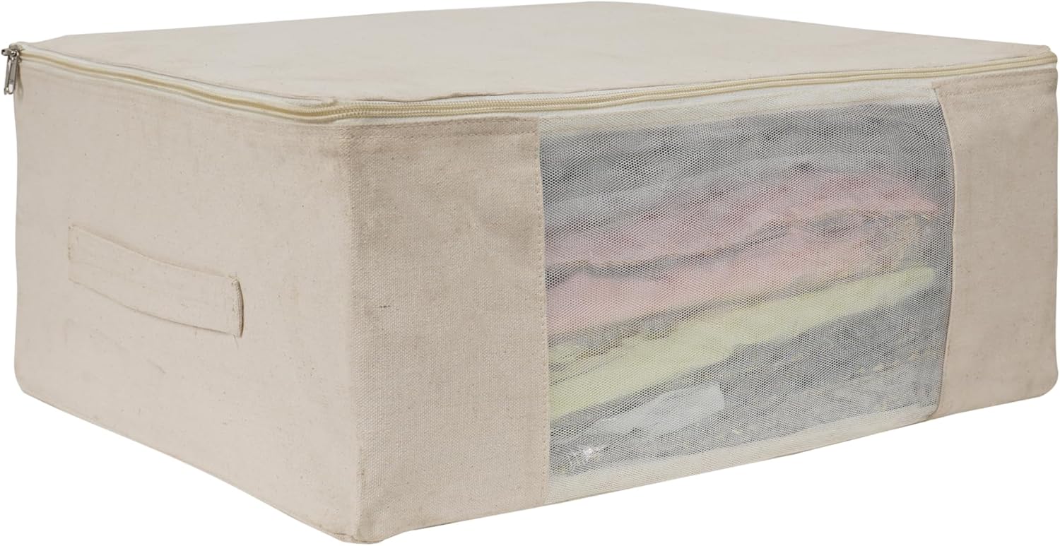 Cotton Canvas Clothes Storage Bags, Saree Covers with Zip for Storage Specially Design for Woman Dresses, Sarees, Lehengas for Wardrobe Organizer (17 x 14 x 7 Inch, off white, Pack 0f 3)