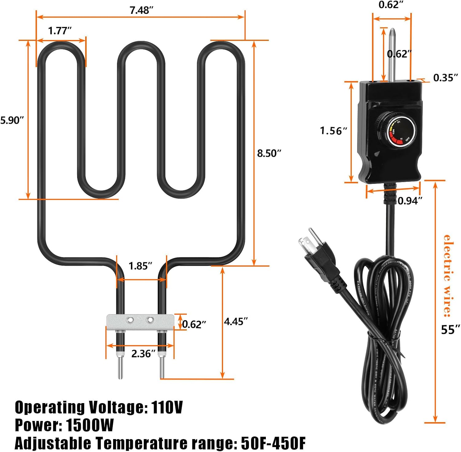 Dimensions and specifications of the heating element and controller