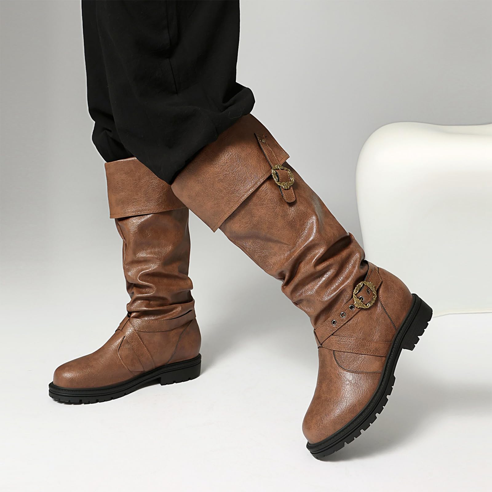 Stivali Alti Donna Stivali Equitazione da Infilare Fibbia Scarpe Autunno