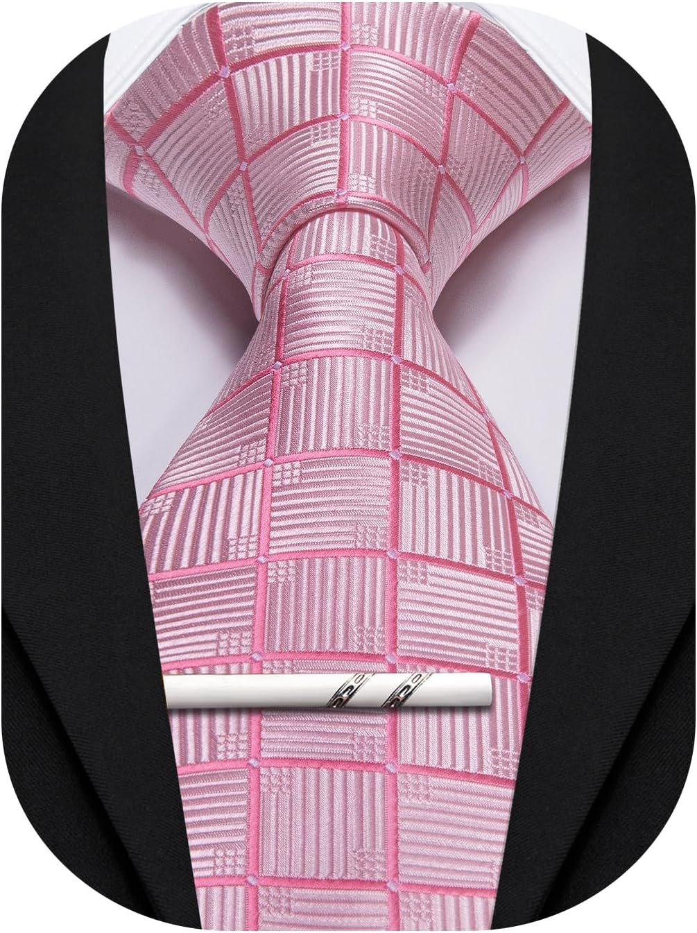 Barry.Wang Plaid Ties Mens Silk Necktie and Tie Clip Checkered Tie for Wedding Party Business Formal