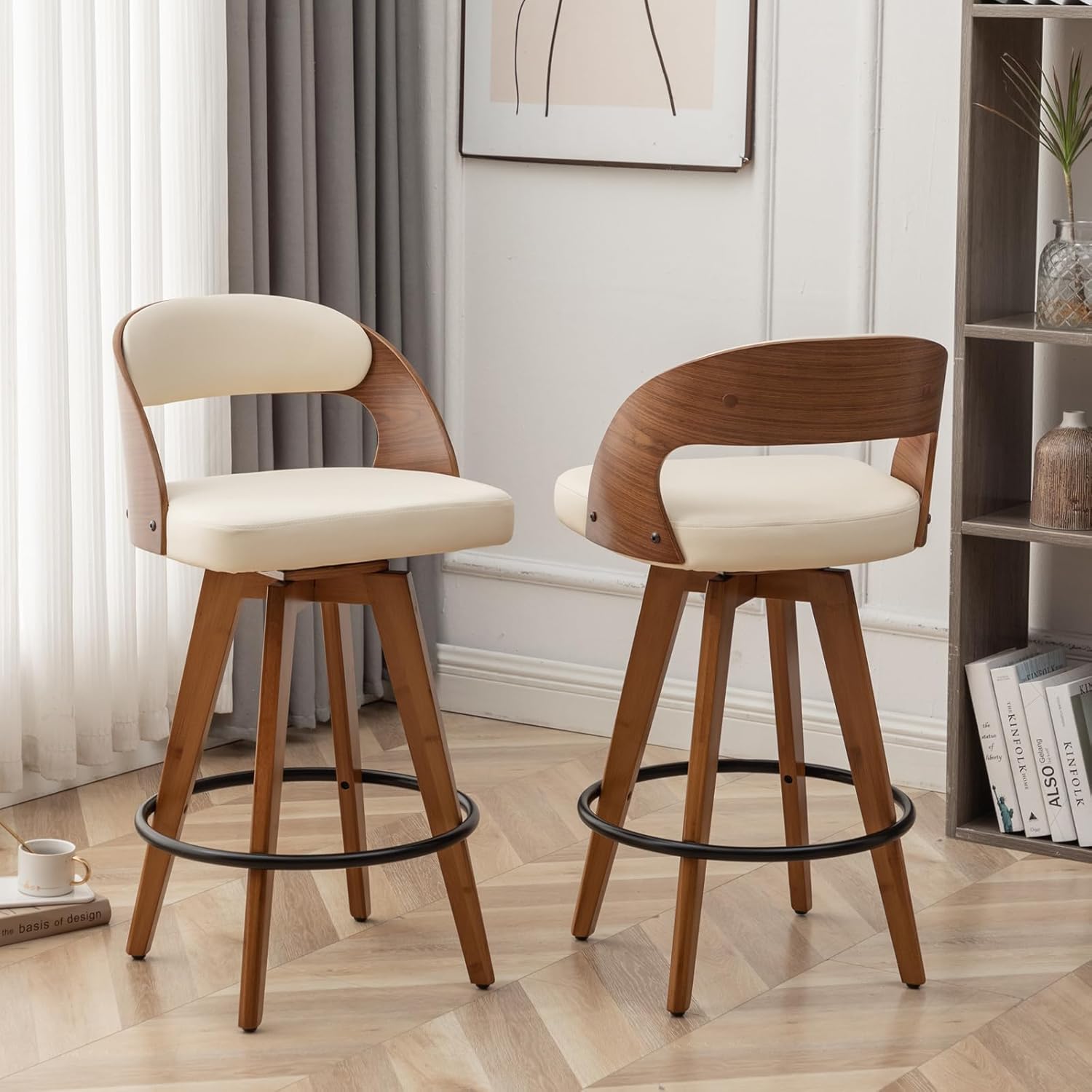 MEKLIBA Barstools Set of 2,Counter Height Bar Stools for Kitchen Island,26.8 Inch H Modern Upholstered Bar Chair, Swivel Counter Stools with Wood Back and Bamboo Legs (Beige-Pu)