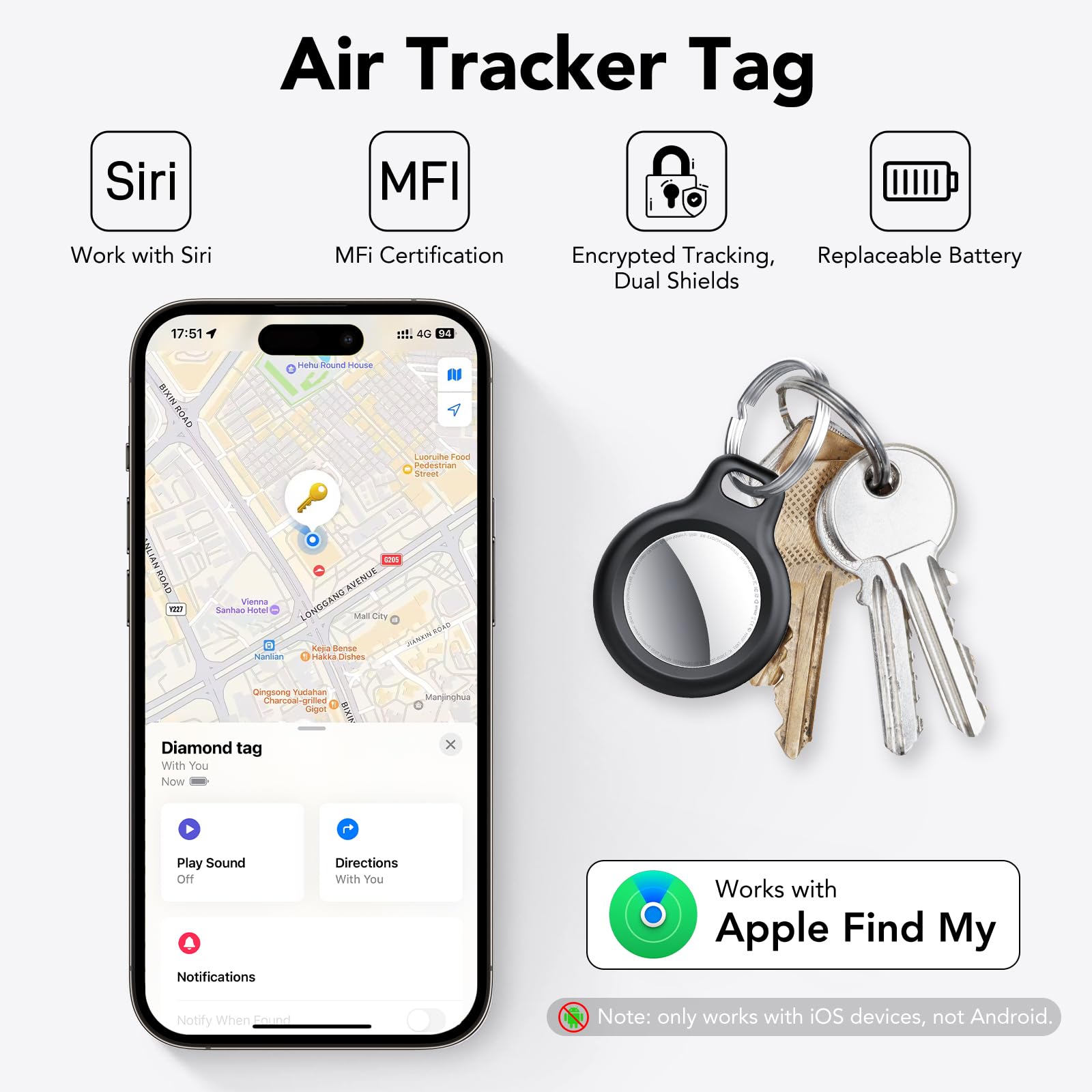 Air Tag Tracker Compatibile con Apple Dov’è (Solo iOS), Trova Oggetti per Gatti/Chiavi/Bagagli/Valigie/Portafogli, Key Finder con Custodia Protettiva