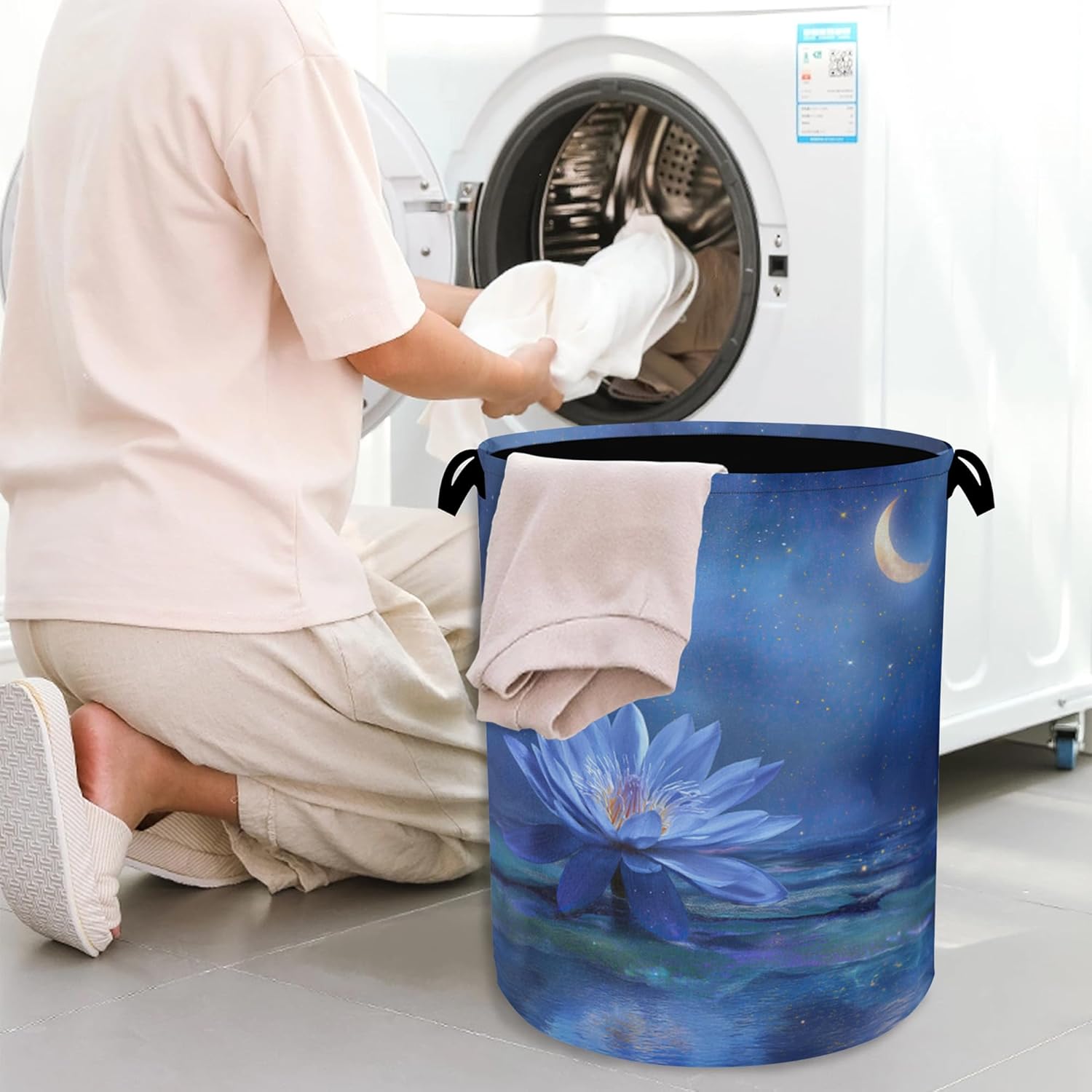 Water Lily Laundry Basket,Moon Oxford Cloth Laundry Hamper with Handle Foldable Portable Clothes Storage Basket for Bathroom Bedroom Dorm Room 16" x 20.8"