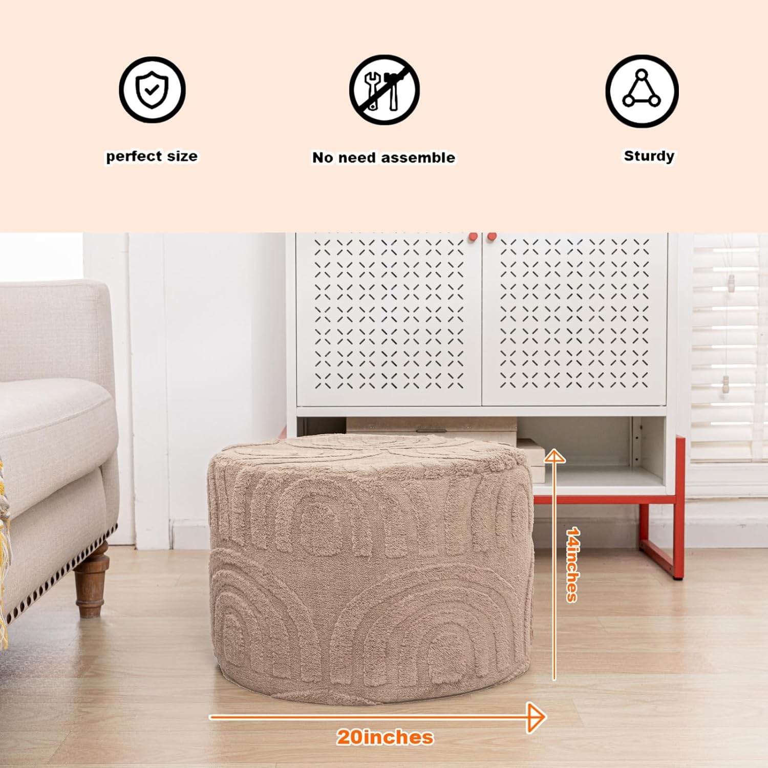 Asuprui Round Ottoman Pouf Ottoman Foot Stool Seat Faux Fur Bean Bag Foot Rest Floor Chair Leg Rest for Living Room, Bedroom or Wedding Gifts 20x20x14 Inches (Khaki)