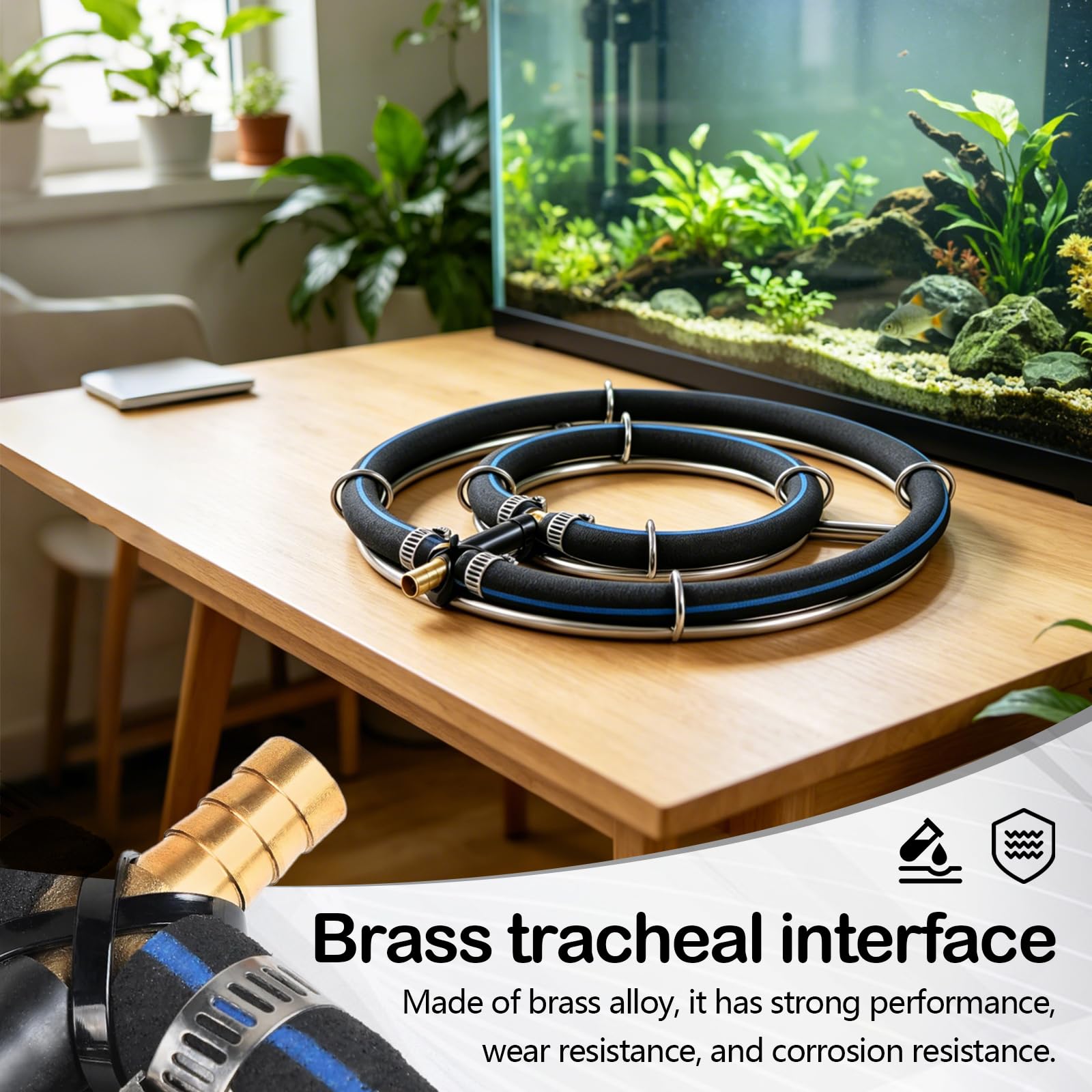 Belüfter Teich, 25cm Belüfterring für Teich Aquarium Edelstahl Doppelrahmen Teichbelüfter Fischteich Sauerstoff Diffuser mit 5M Luftschlauch Rohrdurchmesser 8mm Verwendung in Filtersystemen