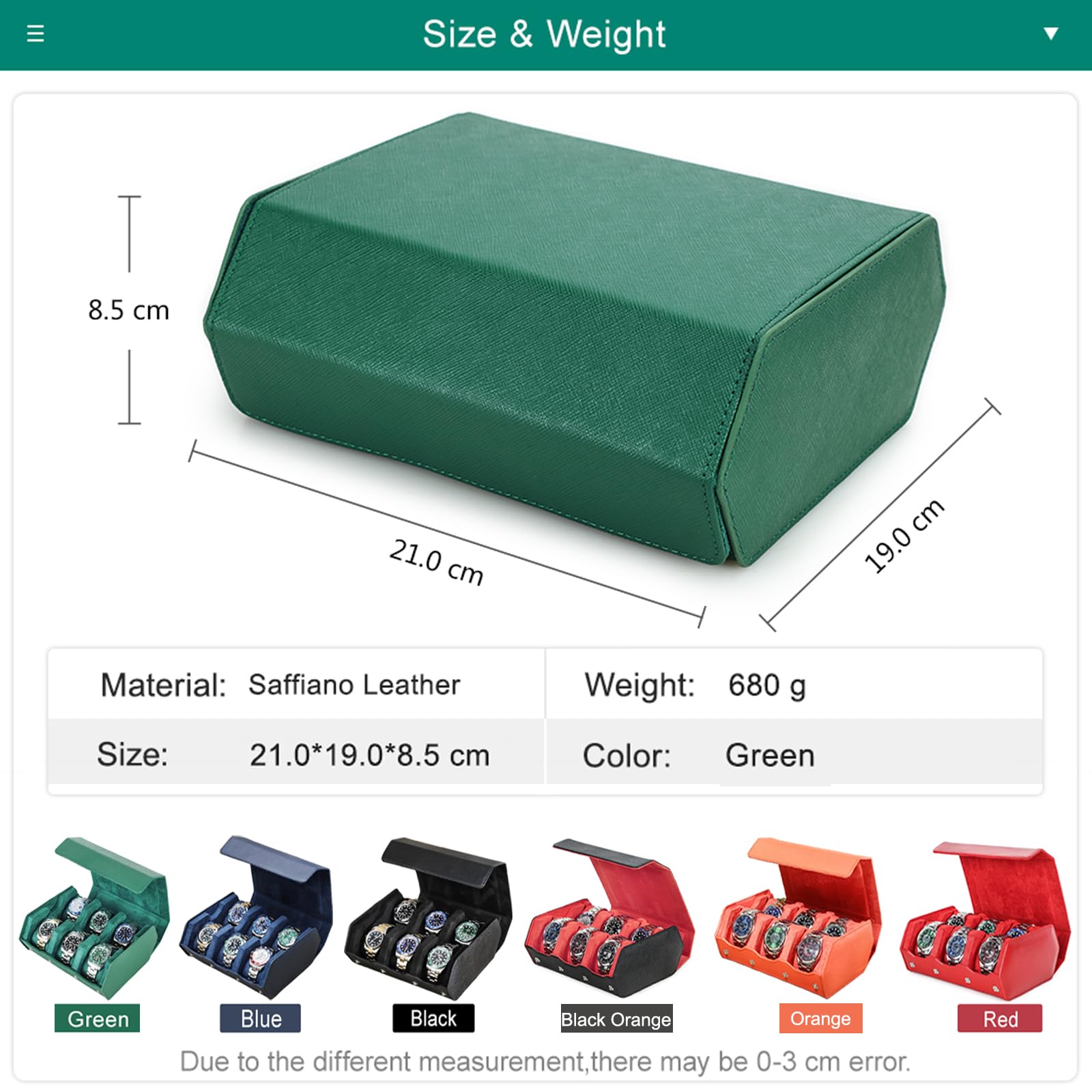Custodia esagonale per orologi Hiram in vera pelle Saffiano, scatola porta orologi per 6 orologi, custodia protettiva in pelle a 6 scomparti per orologi, organizer per orologi da uomo (verde)