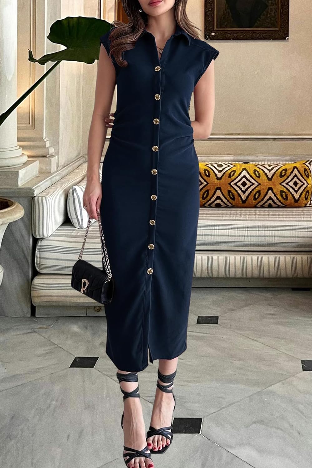 FairBeauty Women’s Casual V Neck Bodycon Ruched Decorative Button Elegant Cap Sleeve Long Dress - Image 7