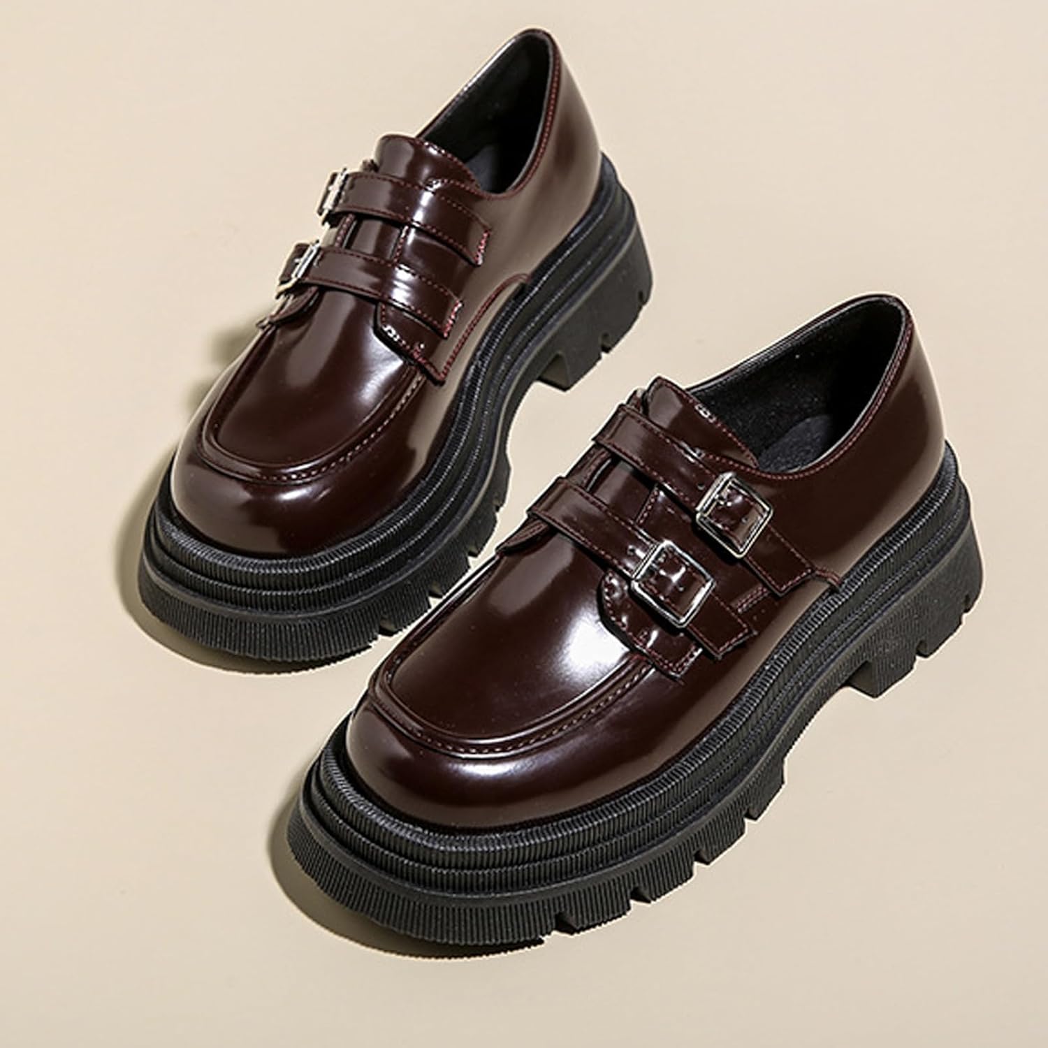 Women's Adjustable Double Buckle Platform Loafers,Classic Chunky Heel Lug Sole Loafers Comfort Round Toe Slip-on Business Work Penny Shoes for Women - Image 3