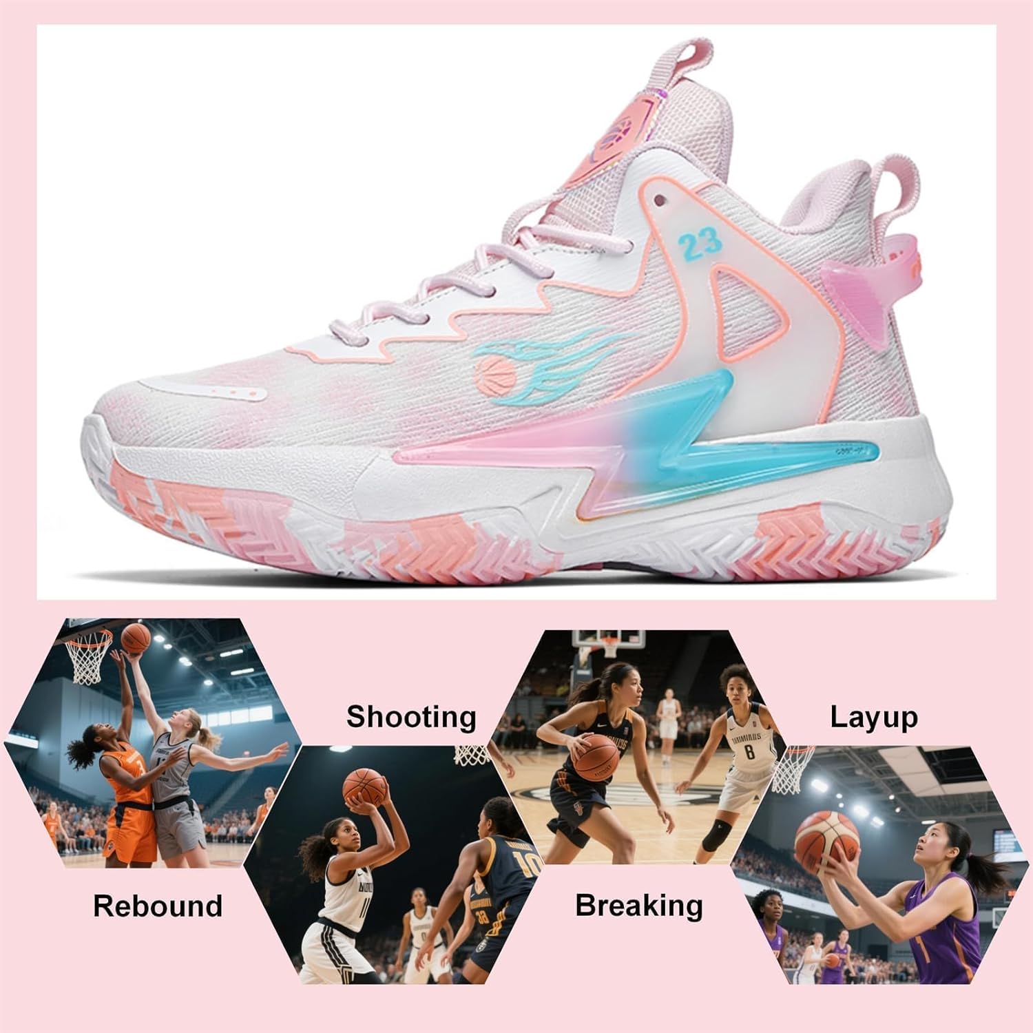 Moodeng Womens Basketball Shoes Breathable Non Slip Sports Shoes Fashion Running Sneakers Supportive Athletic Gym Shoes