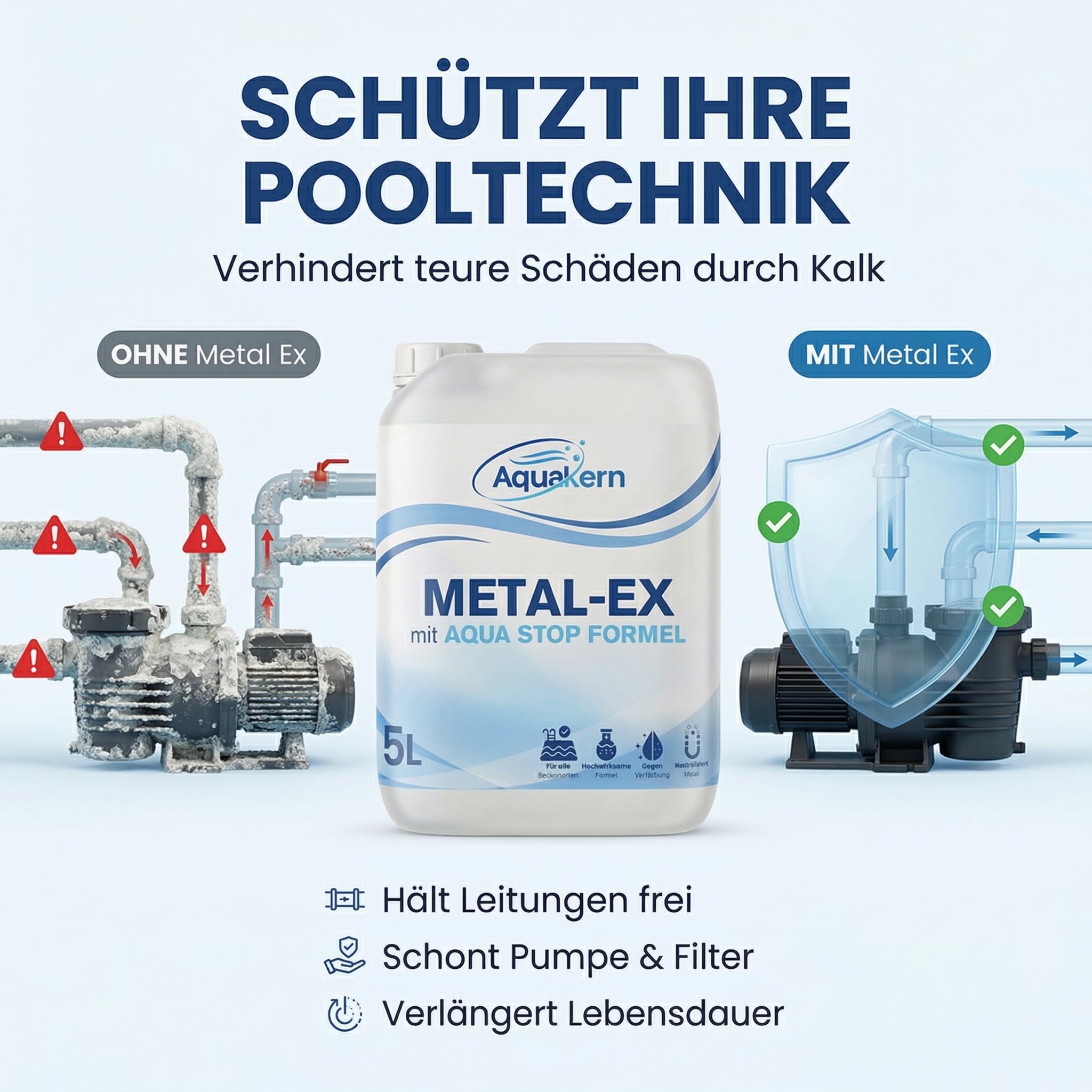Metal Ex Pool 2x5L [entfernt braunes Poolwasser] mit Aqua Stop-Formel | Schützt die Pooltechnik | entfernt Metall- & Kalkablagerungen an Wänden | Rostentferner Pool | Made in Germany