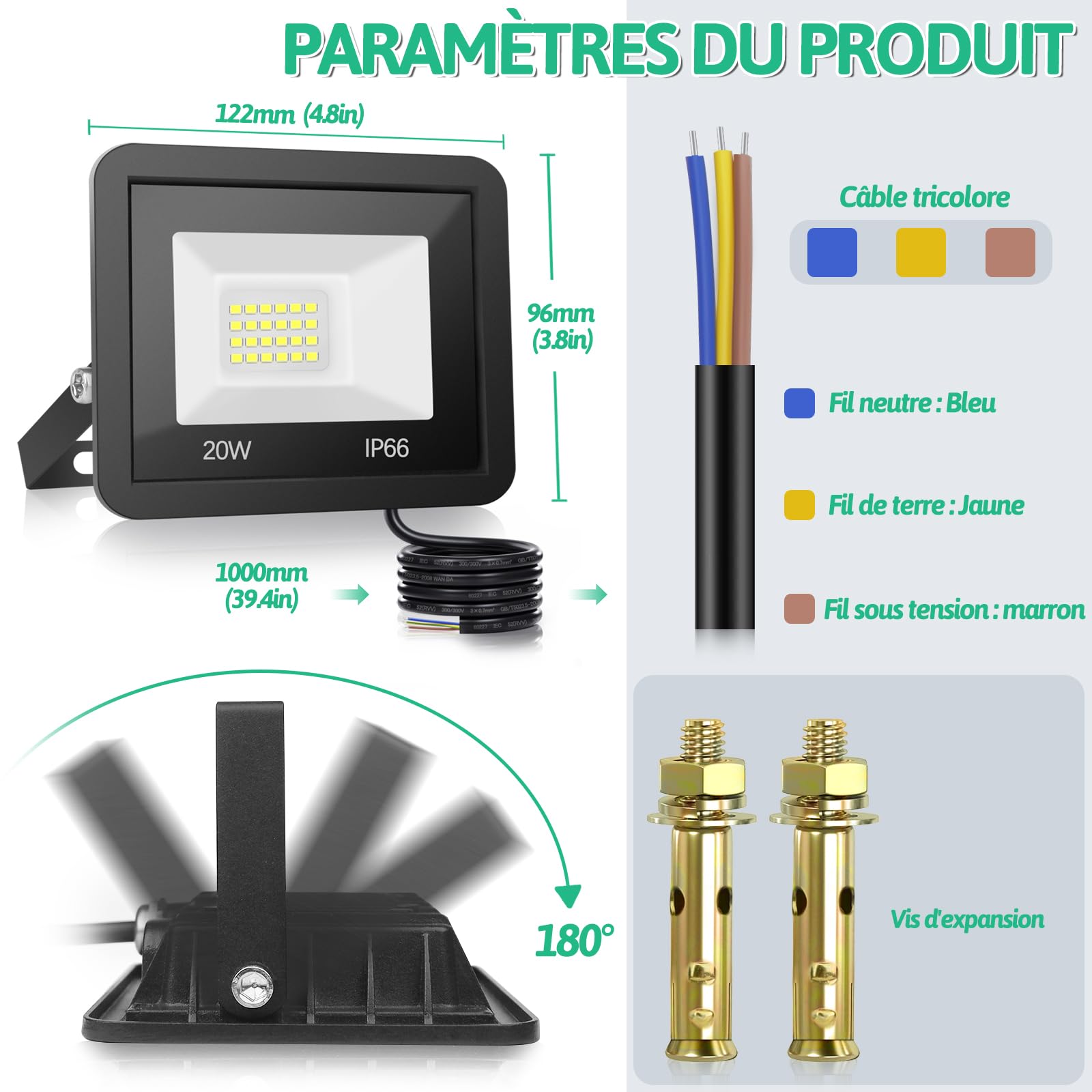 Realky Lot De 2 Projecteurs LED 20W Extérieur IP65 - Éclairage 6500K Avec 24 LEDs Pour Jardin Et Garage