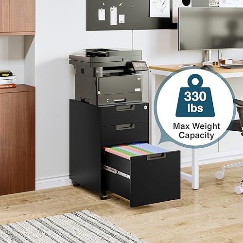 Vista 32 de MIIIKO Archivador de 3 cajones, archivador de metal con ruedas enrollables de bloqueo, almacenamiento de oficina debajo del escritorio, cajones Negro