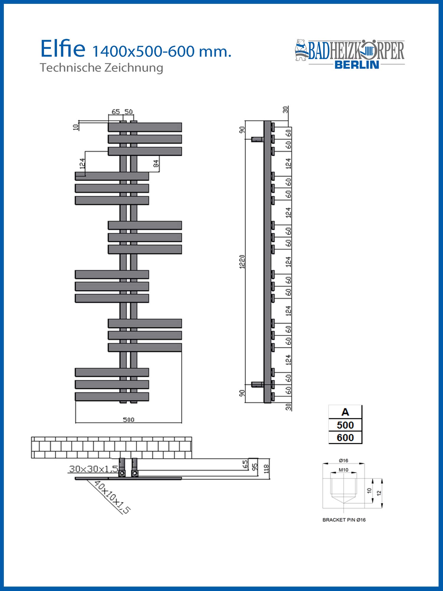 Design grzejnik łazienkowy ELFIE 1400 x 600 mm. biały grzejnik łazienkowy suszarka do ręczników