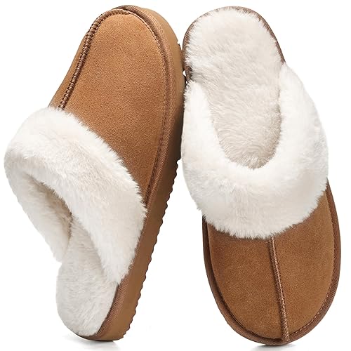 Fuzzy Slippers for Women Cozy Faux Fur House Shoes Winter Warm Memory Foam Slippers for Indoor and Outdoor - Chestnut - 9.5