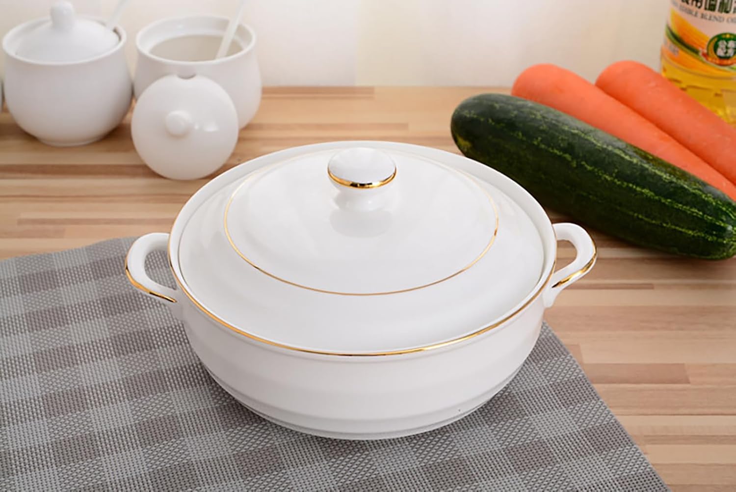 Ceramic Soup Tureen White Porcelain Soup Serving Tureen with Lid and Porcelain Soup Bowl Large Porcelain Soup Serving Bowl with Handles, Microwave & Dishwasher & Oven Safe,Gold