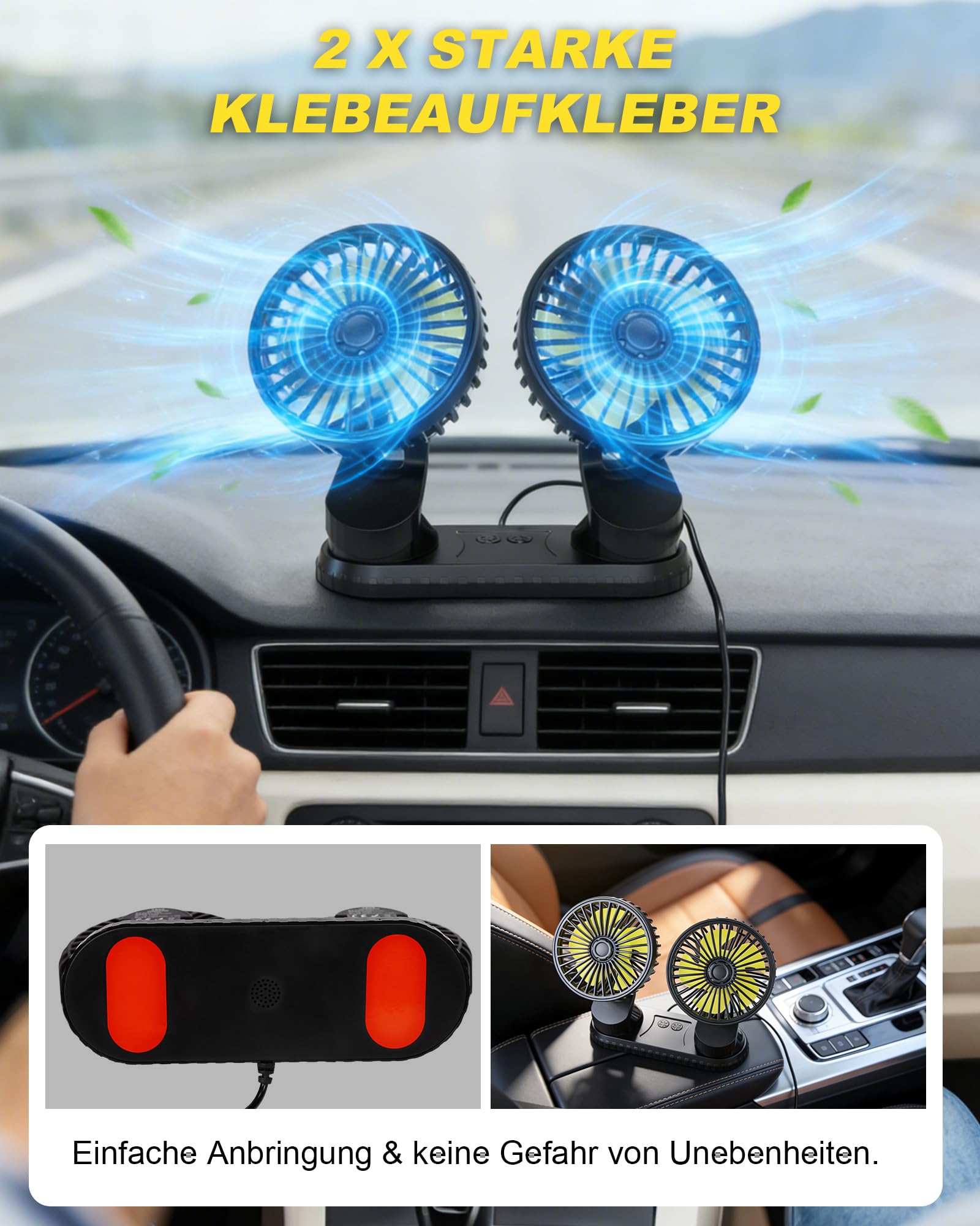 Ventilador de Coche 12/24v, 360 ° Giratorio Cabezas Dobles Ventilador Portatil, Mini Ventilador con 3 Velocidades USB para Coche SUV Vehículo de Crucero RV