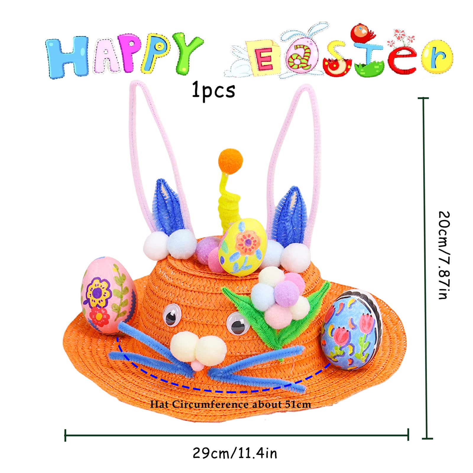 Mienocol Orange Easter Bonnet Kit,DIY Handmade Hat for Kids Boys Girls Gifts,Make Your Own Bonnet Hat Craft Set including Bunny Eggs Decorations DIY Handmade Game for Easter Party Kindergarten Favors - Image 2