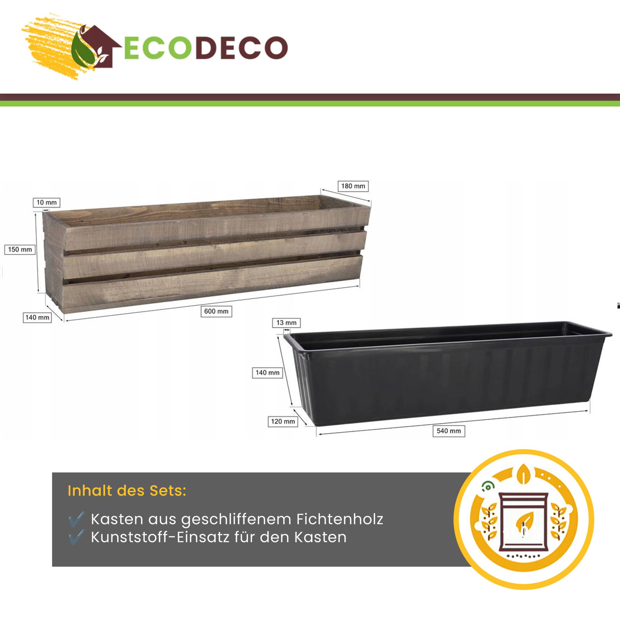 ECODECO Cassetta di Legno per Piante - Fioriera da Esterno con Inserto in Plastica - Vaso Rettangolare 18x60x15 cm per Balcone e Giardino - Contenitore Robusto Marrone