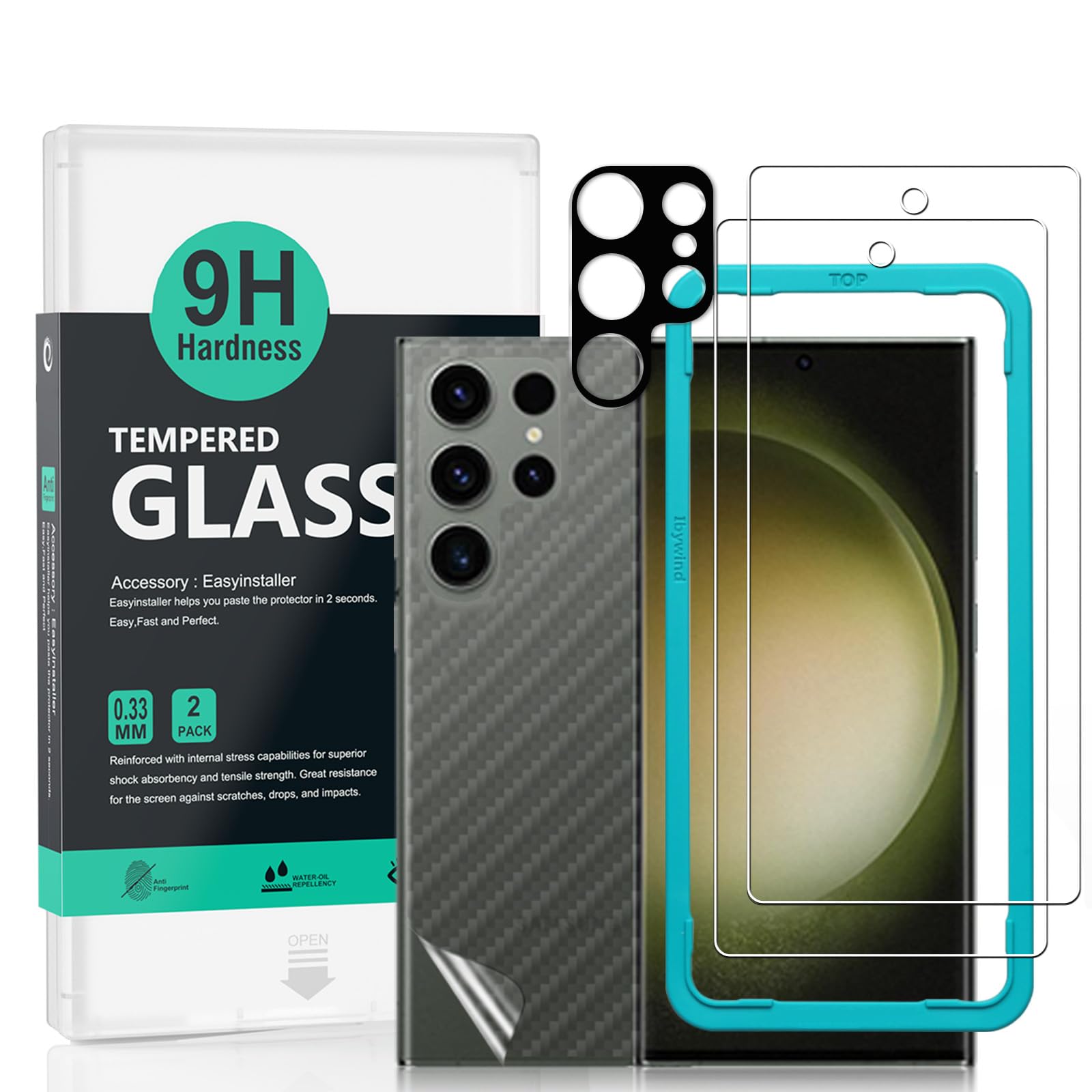 Ibywind 2 Pack Screen Protector For Samsung Galaxy S24 Ultra 5G 6.8"(Not For Samsung Galaxy S24 5G/S24 Plus 5G),9H Hardness Tempered Glass,With 1Pc Camera Lens Protector,1Pc Back Carbon Fiber Film
