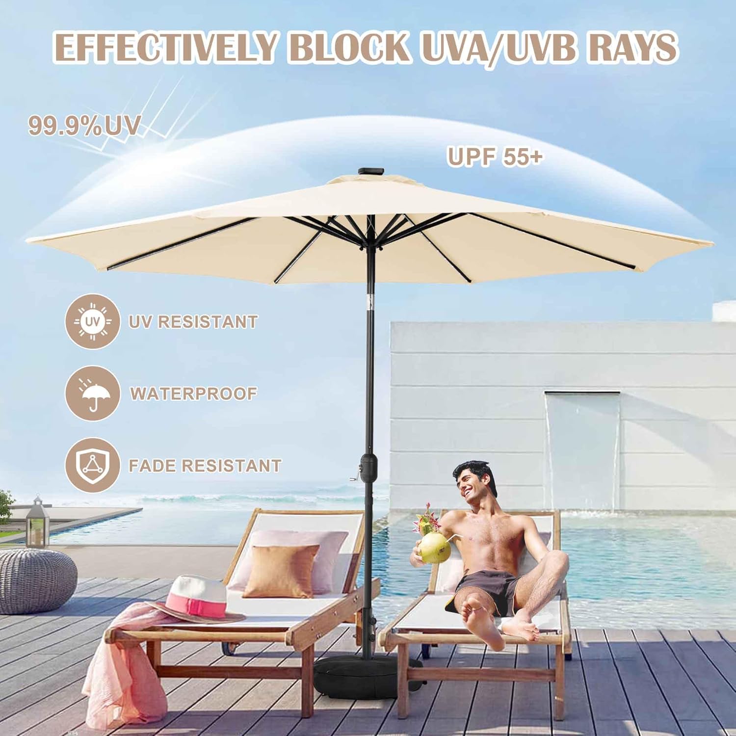 Sundale Outdoor Olefin 5-Year-Non-Fading Solar 80 LED 9 FT Solar Patio Umbrella with Sand Bag Base, Outdoor Umbrella with Tilt and Crank, Beige