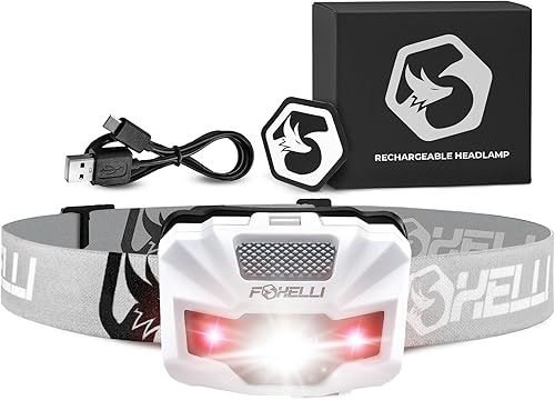 Vista 12 de Foxelli Linterna frontal LED recargable USB‑C – Ultraligero 2.4 oz y brillante 180 lúmenes – Luz roja/blanca, 5 modos, IPX5 impermeable, 40 horas