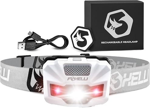 Foxelli USBC Rechargeable LED Headlamp UltraLight 2.4 oz & Bright 180 Lumens Red/White Light, 5 Modes, IPX5 Waterproof, 40 h Runtime for Trail Running, Camping, Hiking